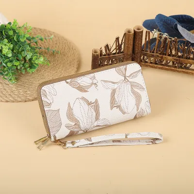 Women Fashion Floral Embroidery Double Zipper Long PU Leather Purses