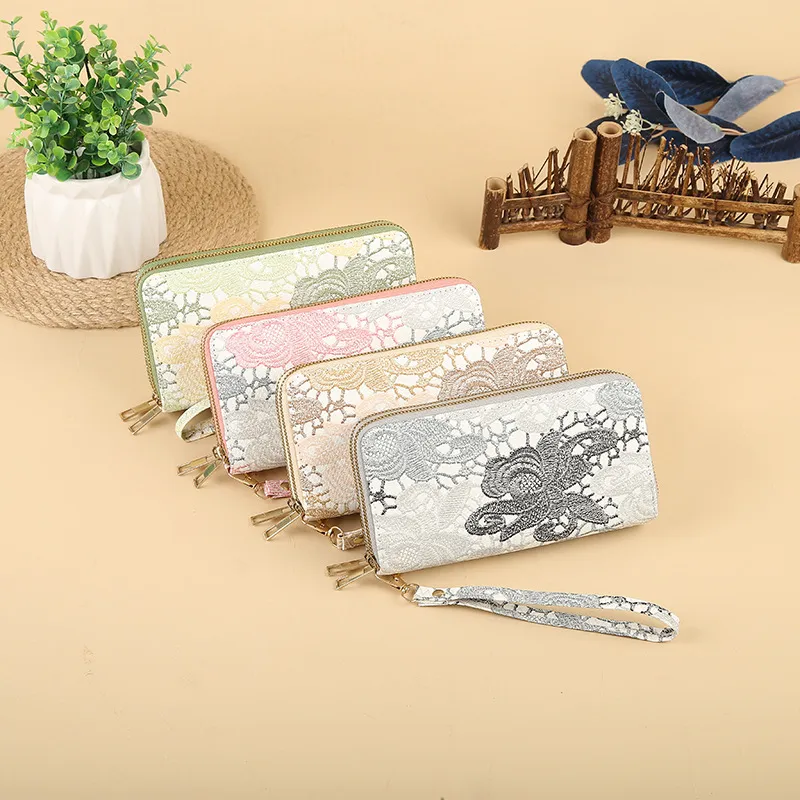 Women Fashion Floral Embroidery Double Zipper Long PU Leather Purses
