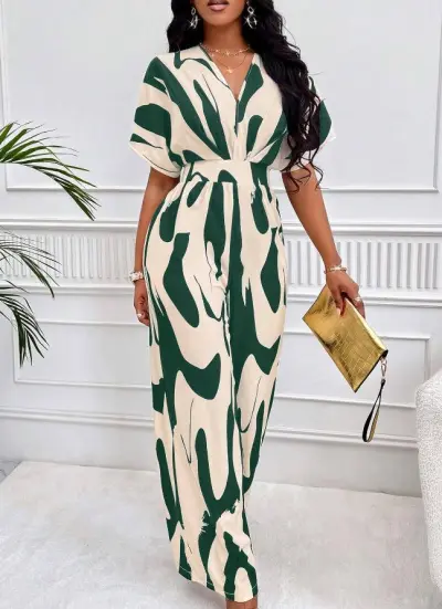 Women Fashion Printed Wide-Leg Jumpsuit with Bat Sleeves