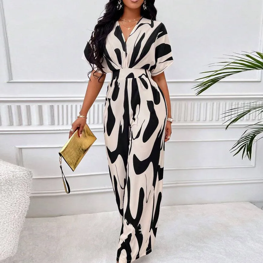 Women Fashion Printed Wide-Leg Jumpsuit with Bat Sleeves
