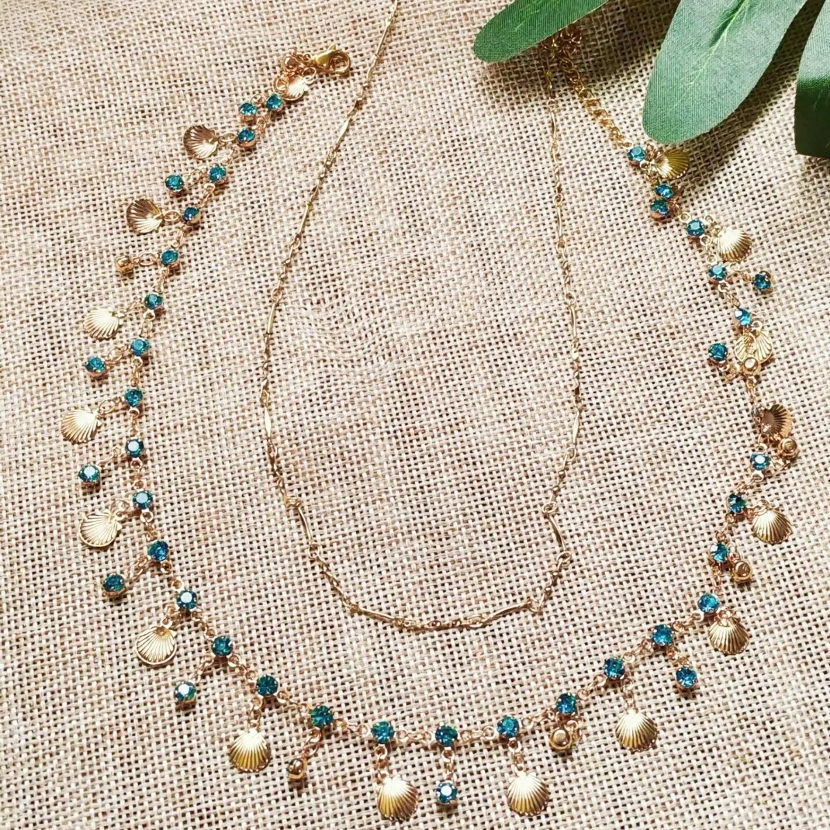 Women Fashion Double Layer Stacked Gold Shell Blue Rhinestone Clavicle Chain Necklace 2-Bag