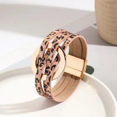 Women Vintage Cross Leather Metal Large Ring Multi-Layer Magnetic Buckle Bracelet