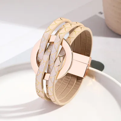 Women Vintage Cross Leather Metal Large Ring Multi-Layer Magnetic Buckle Bracelet