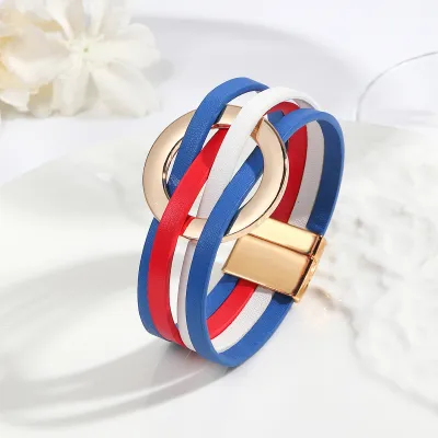 Women Vintage Cross Leather Metal Large Ring Multi-Layer Magnetic Buckle Bracelet