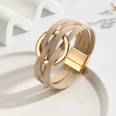 Women Vintage Cross Leather Metal Large Ring Multi-Layer Magnetic Buckle Bracelet