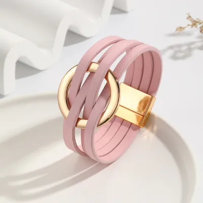 Women Vintage Cross Leather Metal Large Ring Multi-Layer Magnetic Buckle Bracelet