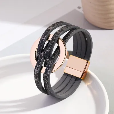 Women Vintage Cross Leather Metal Large Ring Multi-Layer Magnetic Buckle Bracelet