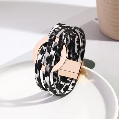 Women Vintage Cross Leather Metal Large Ring Multi-Layer Magnetic Buckle Bracelet