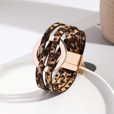 Women Vintage Cross Leather Metal Large Ring Multi-Layer Magnetic Buckle Bracelet