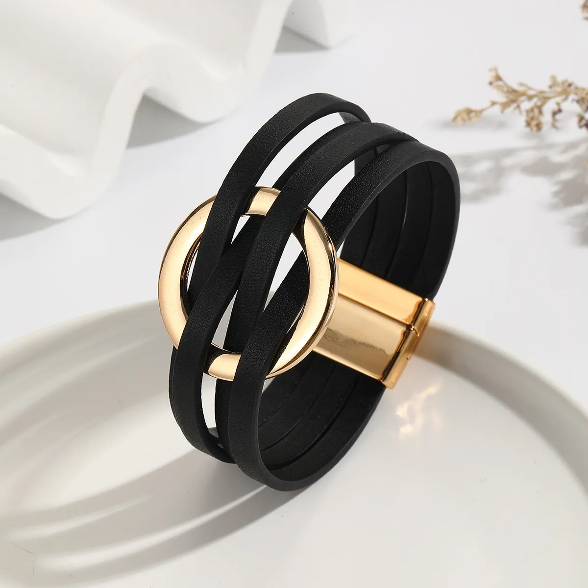Women Vintage Cross Leather Metal Large Ring Multi-Layer Magnetic Buckle Bracelet