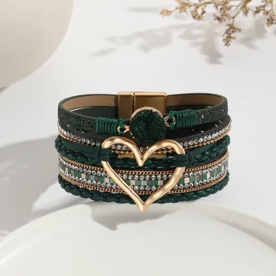 Women Fashion Bohemian Multi-Layer Heart-Shaped Wrap Magnetic Buckle Bracelet