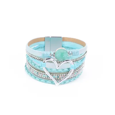 Women Fashion Bohemian Multi-Layer Heart-Shaped Wrap Magnetic Buckle Bracelet