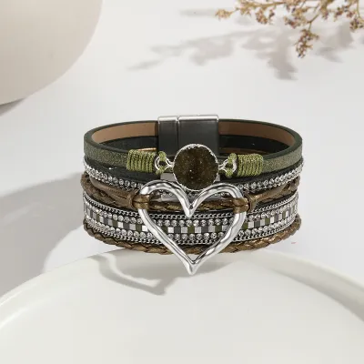Women Fashion Bohemian Multi-Layer Heart-Shaped Wrap Magnetic Buckle Bracelet