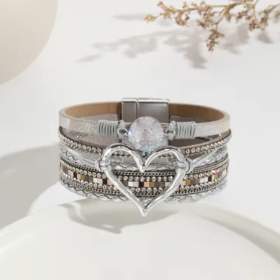 Women Fashion Bohemian Multi-Layer Heart-Shaped Wrap Magnetic Buckle Bracelet
