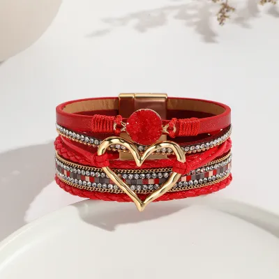 Women Fashion Bohemian Multi-Layer Heart-Shaped Wrap Magnetic Buckle Bracelet