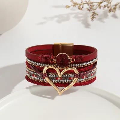 Women Fashion Bohemian Multi-Layer Heart-Shaped Wrap Magnetic Buckle Bracelet