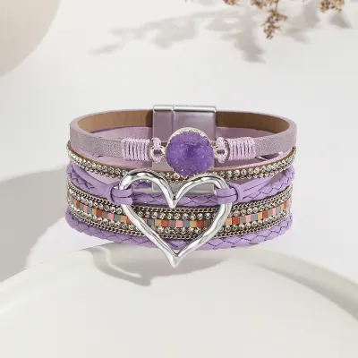 Women Fashion Bohemian Multi-Layer Heart-Shaped Wrap Magnetic Buckle Bracelet
