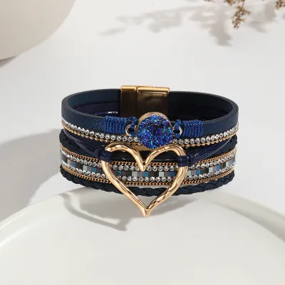 Women Fashion Bohemian Multi-Layer Heart-Shaped Wrap Magnetic Buckle Bracelet