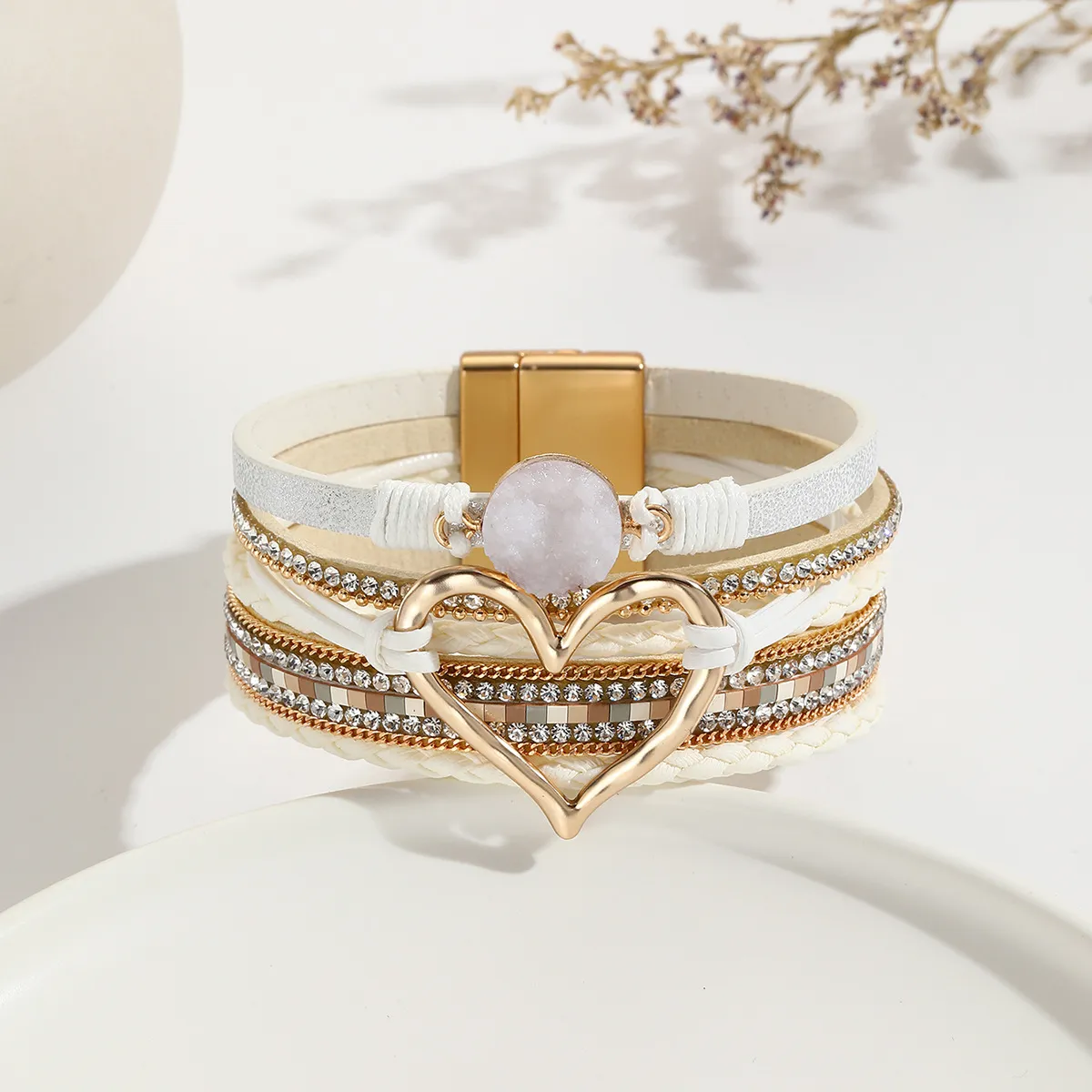 Women Fashion Bohemian Multi-Layer Heart-Shaped Wrap Magnetic Buckle Bracelet