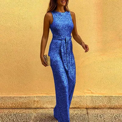 Women Personalized Sequin Jumpsuit Light Luxury Round Neck Sleeveless Slim Fit