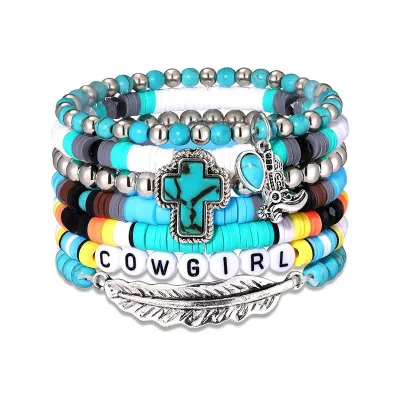 Women Fashion Ethnic Tau Cactus Turquoise Stretch Bracelet Set