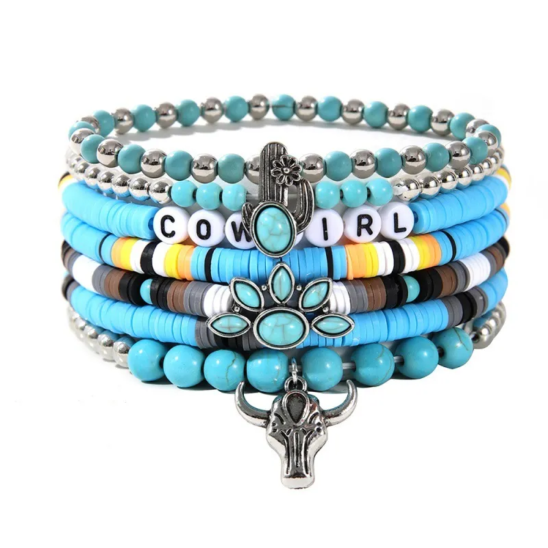 Women Fashion Ethnic Tau Cactus Turquoise Stretch Bracelet Set