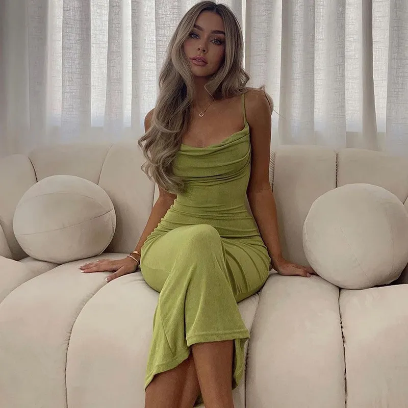Women Summer Sexy Backless Slim-Fit Spaghetti Strap Solid Color Bodycon Dress