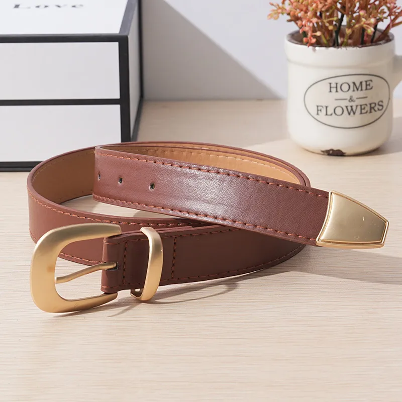 Women Vintage Gold Metal Buckle Pu Belt