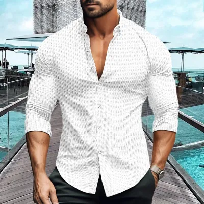 Men Spring Autumn Fashion Casual Solid Color Waffle Long Sleeve Lapel Cardigan Shirt