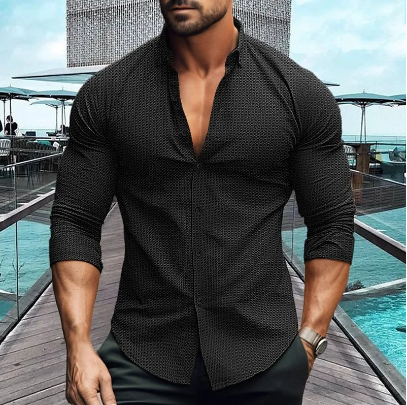 Men Spring Autumn Fashion Casual Solid Color Waffle Long Sleeve Lapel Cardigan Shirt