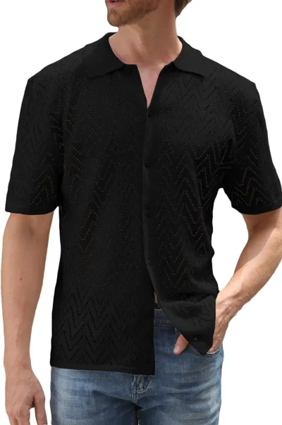 Men Summer Fashion Casual Solid Knitted Short Sleeve Lapel Shirt