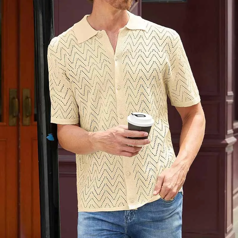 Men Summer Fashion Casual Solid Knitted Short Sleeve Lapel Shirt