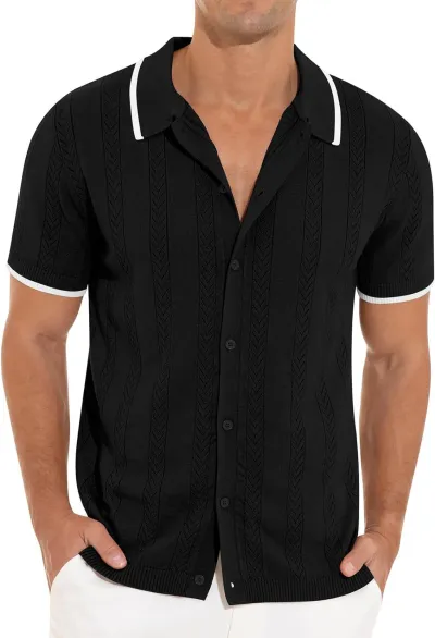 Men Summer Casual Solid Knitted Short Sleeve Lapel Shirt
