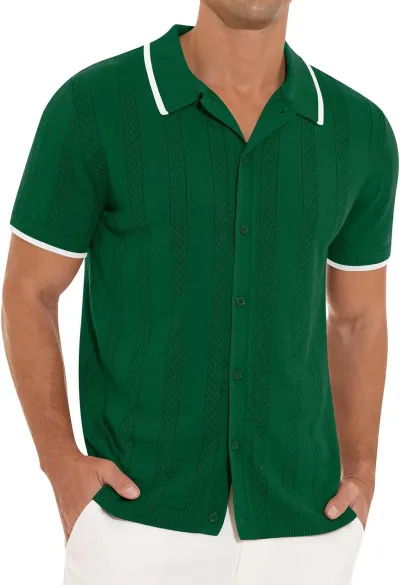 Men Summer Casual Solid Knitted Short Sleeve Lapel Shirt