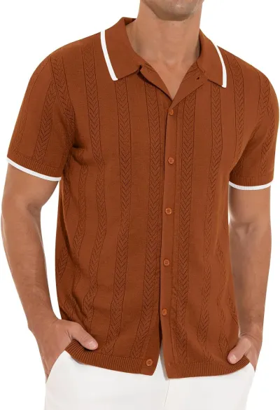Men Summer Casual Solid Knitted Short Sleeve Lapel Shirt