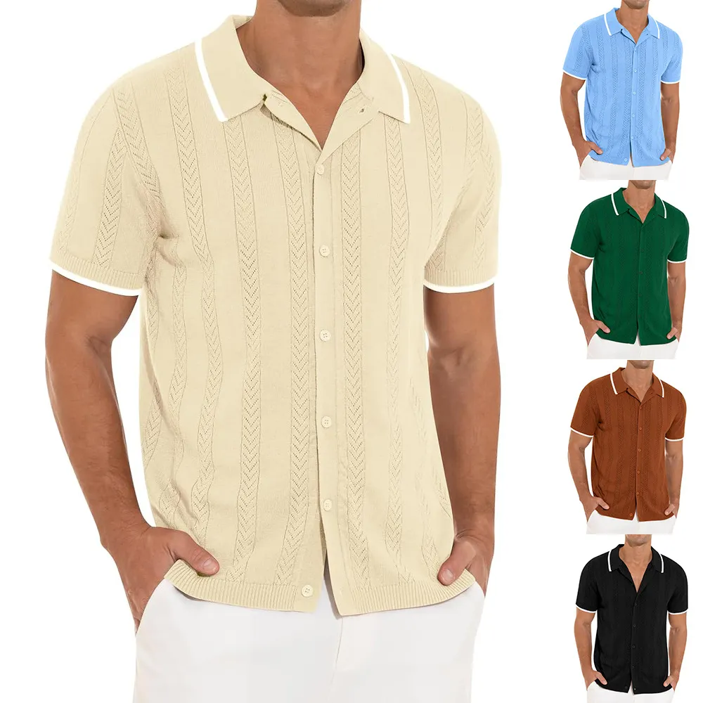 Men Summer Casual Solid Knitted Short Sleeve Lapel Shirt