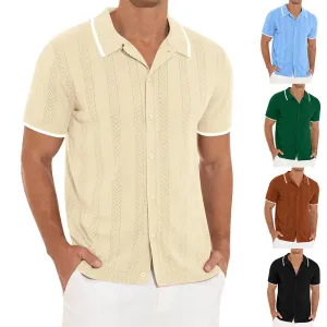 Men Summer Casual Solid Knitted Short Sleeve Lapel Shirt