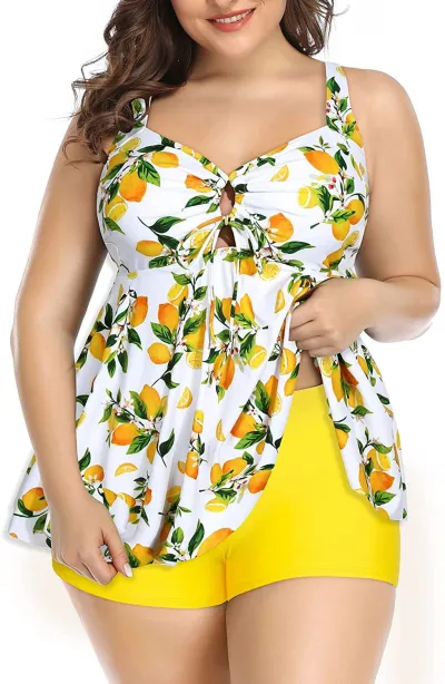 Summer Women Plus Size Leopard Floral Printed High Waist Tankini Swimsuit Set