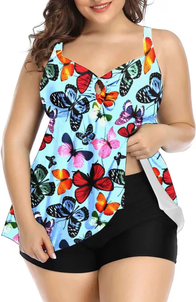 Summer Women Plus Size Leopard Floral Printed High Waist Tankini Swimsuit Set