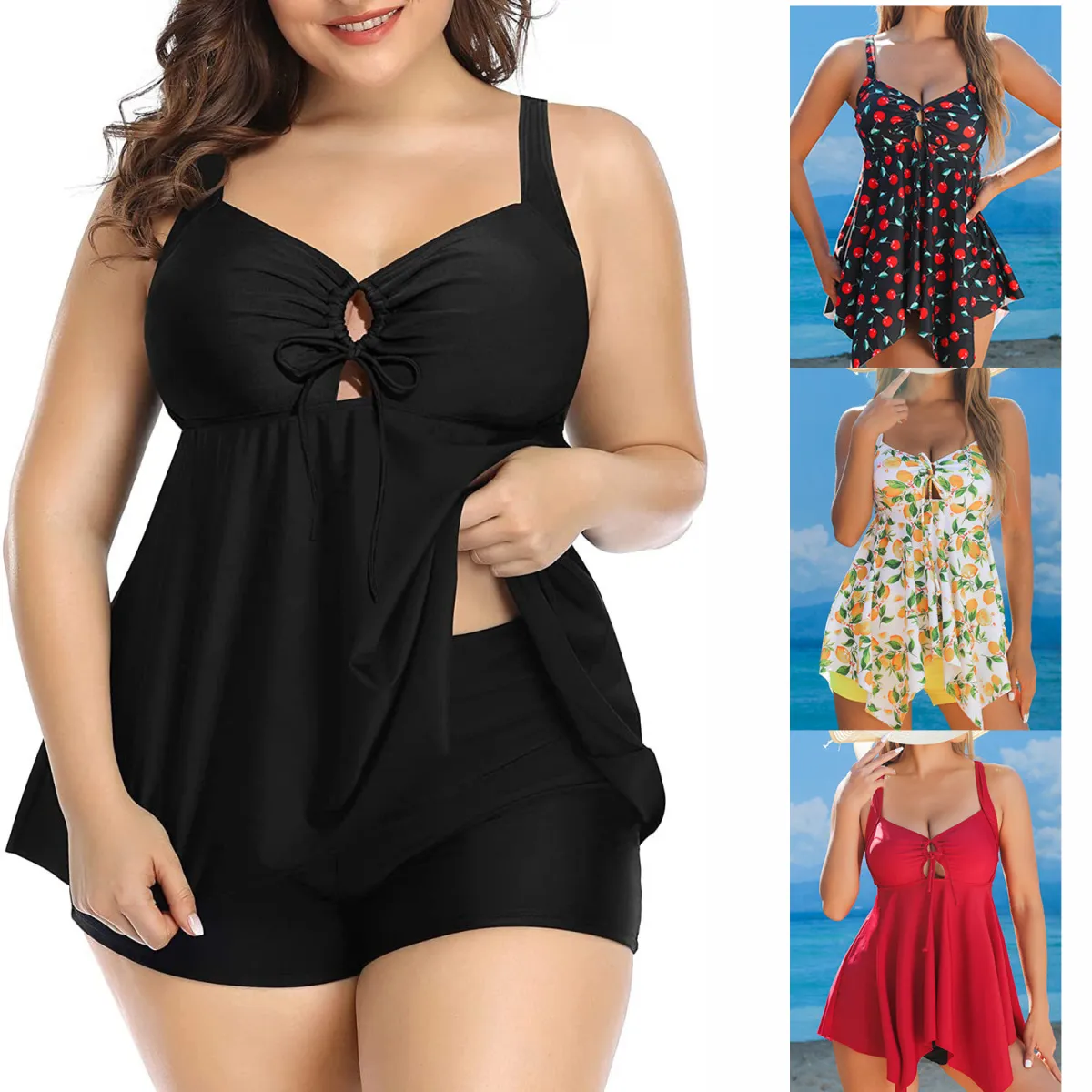 Summer Women Plus Size Leopard Floral Printed High Waist Tankini Swimsuit Set