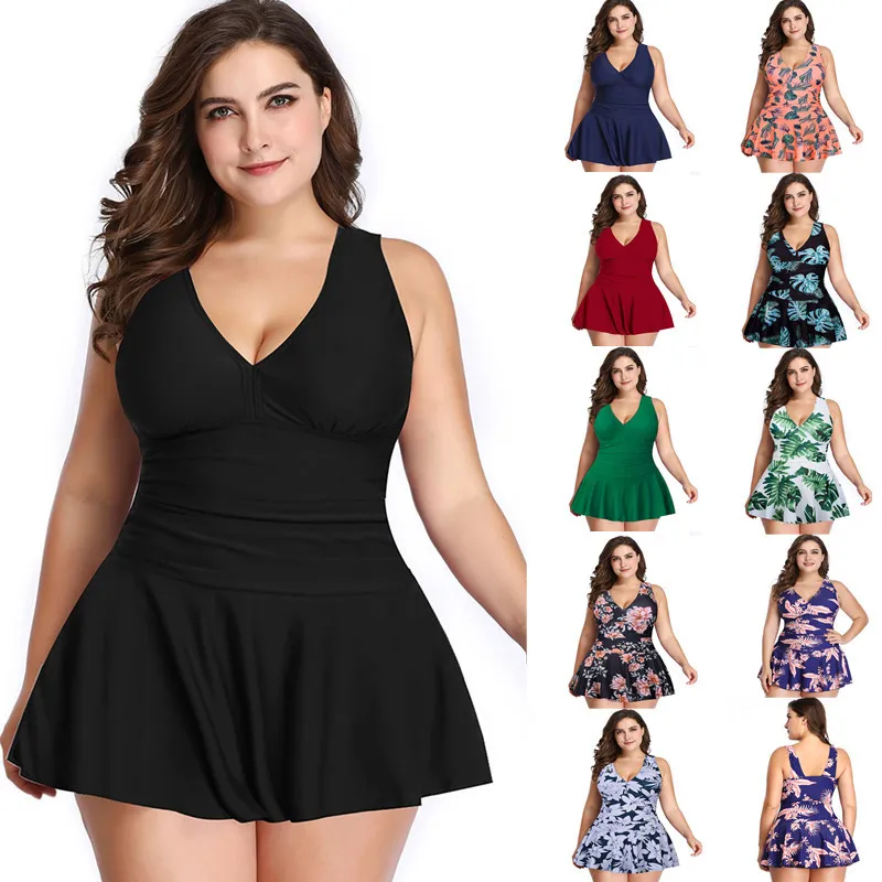 Summer Women Plus Size V-Neck Floral Printed Tankini Swimsuit Set