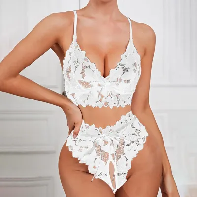 Women Fashion Sexy Lace Hollow Perspective Open Bra Set
