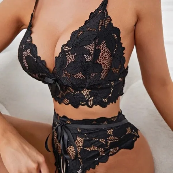 Women Fashion Sexy Lace Hollow Perspective Open Bra Set
