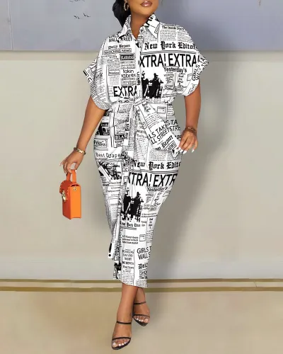 Summer Women Fashion V-Neck Graphic Printed Button Shirt Dress