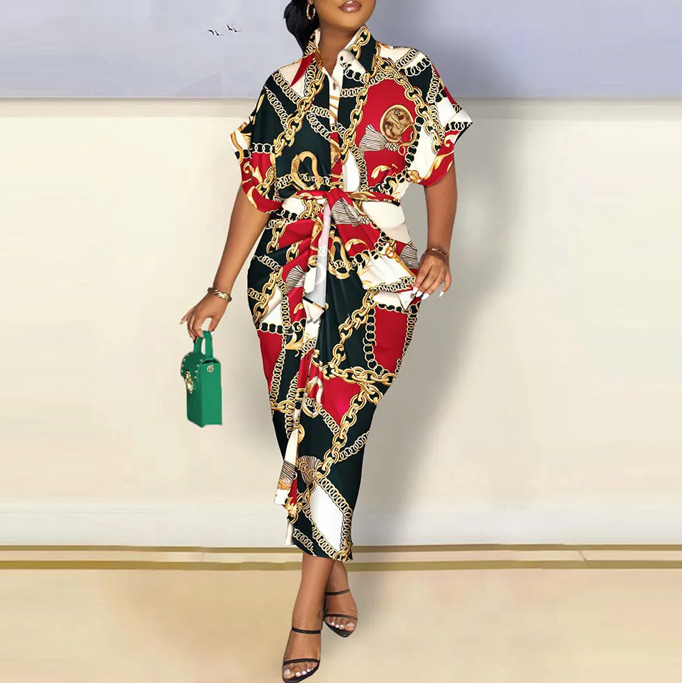 Summer Women Fashion V-Neck Graphic Printed Button Shirt Dress