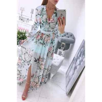 Summer Women Casual Bohemian Chiffon Floral Print V-Neck Long Sleeve Maxi Dress