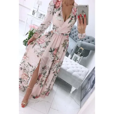 Summer Women Casual Bohemian Chiffon Floral Print V-Neck Long Sleeve Maxi Dress