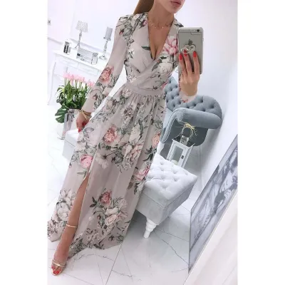 Summer Women Casual Bohemian Chiffon Floral Print V-Neck Long Sleeve Maxi Dress