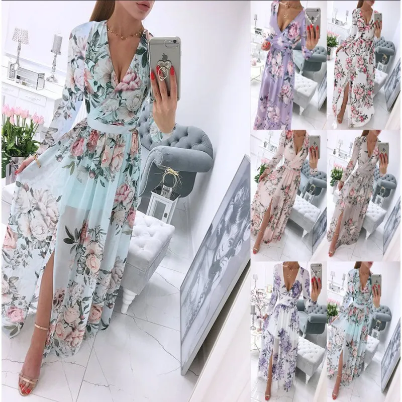 Summer Women Casual Bohemian Chiffon Floral Print V-Neck Long Sleeve Maxi Dress