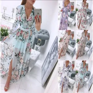 Summer Women Casual Bohemian Chiffon Floral Print V-Neck Long Sleeve Maxi Dress